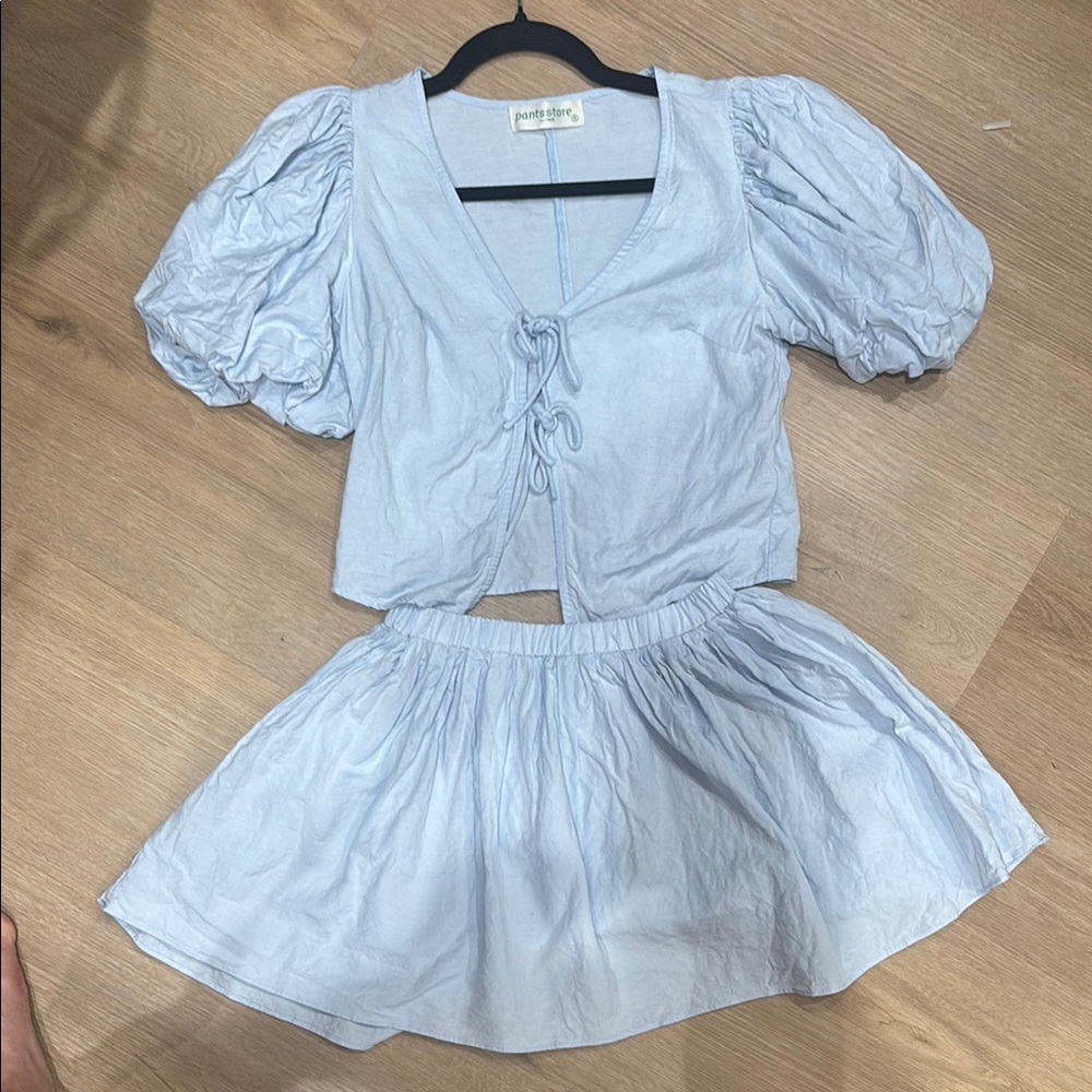 Pants Store, Light Blue Puff Sleeve Top and Skirt Set